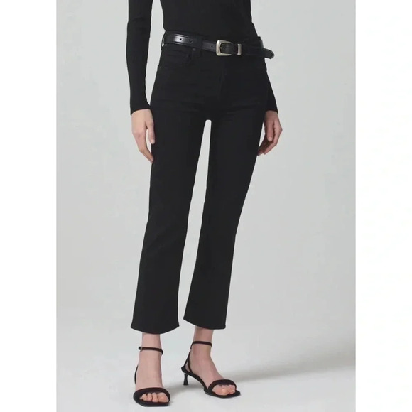 Citizens of Humanity Isola Mid Rise Cropped Flare Boot Cut Jeans in Plush Black - Picture 1 of 16